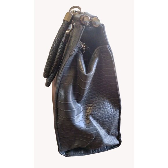 Bebe Handbag Satchel Gray Fringe Textured Braided Handle Gray - Picture 4 of 16